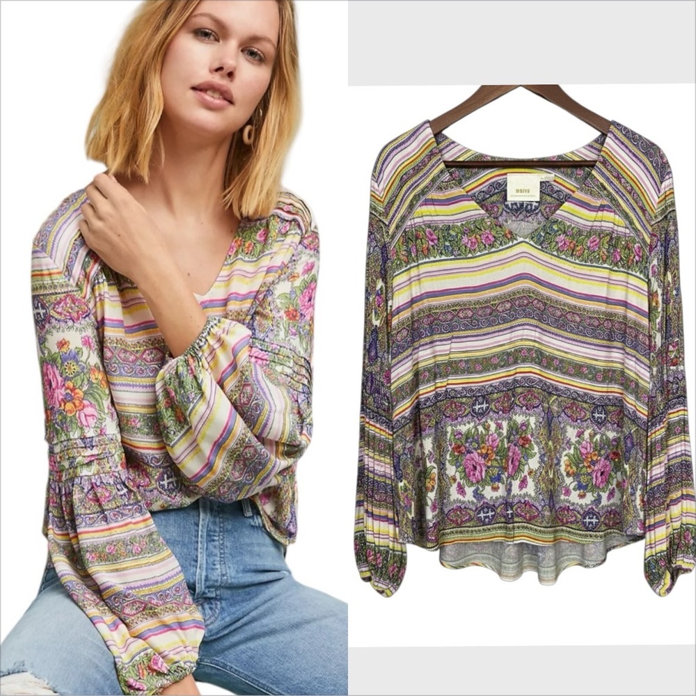 Maeve Anthropologie Boho Floral‎ Print V-Neck Blouse Top Sz  L Flowy